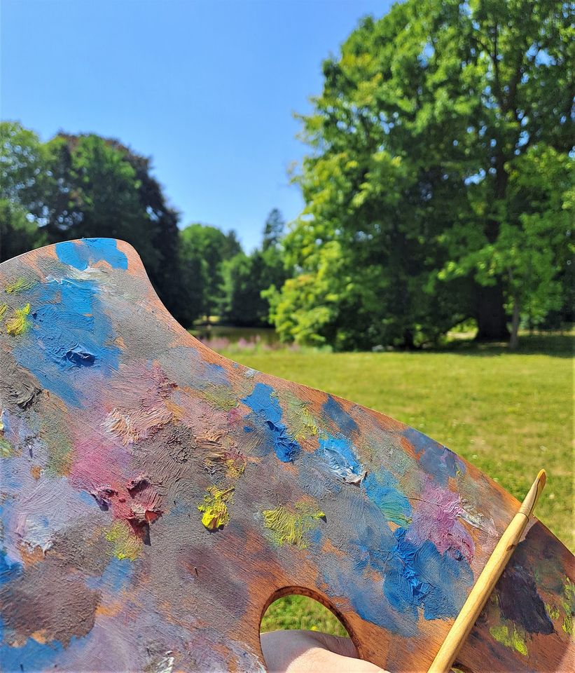 Malování v zámeckém parku - lavírovaná perokresba